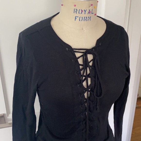 LNA Long Sleeve Little Black Dress with Lace Up Bust. - Picture 2 of 8